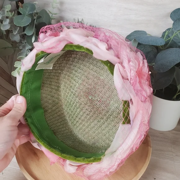 Vintage Wallings Pink Floral Fascinator Netted Hat 1960s Size 52 - Picture 7 of 8